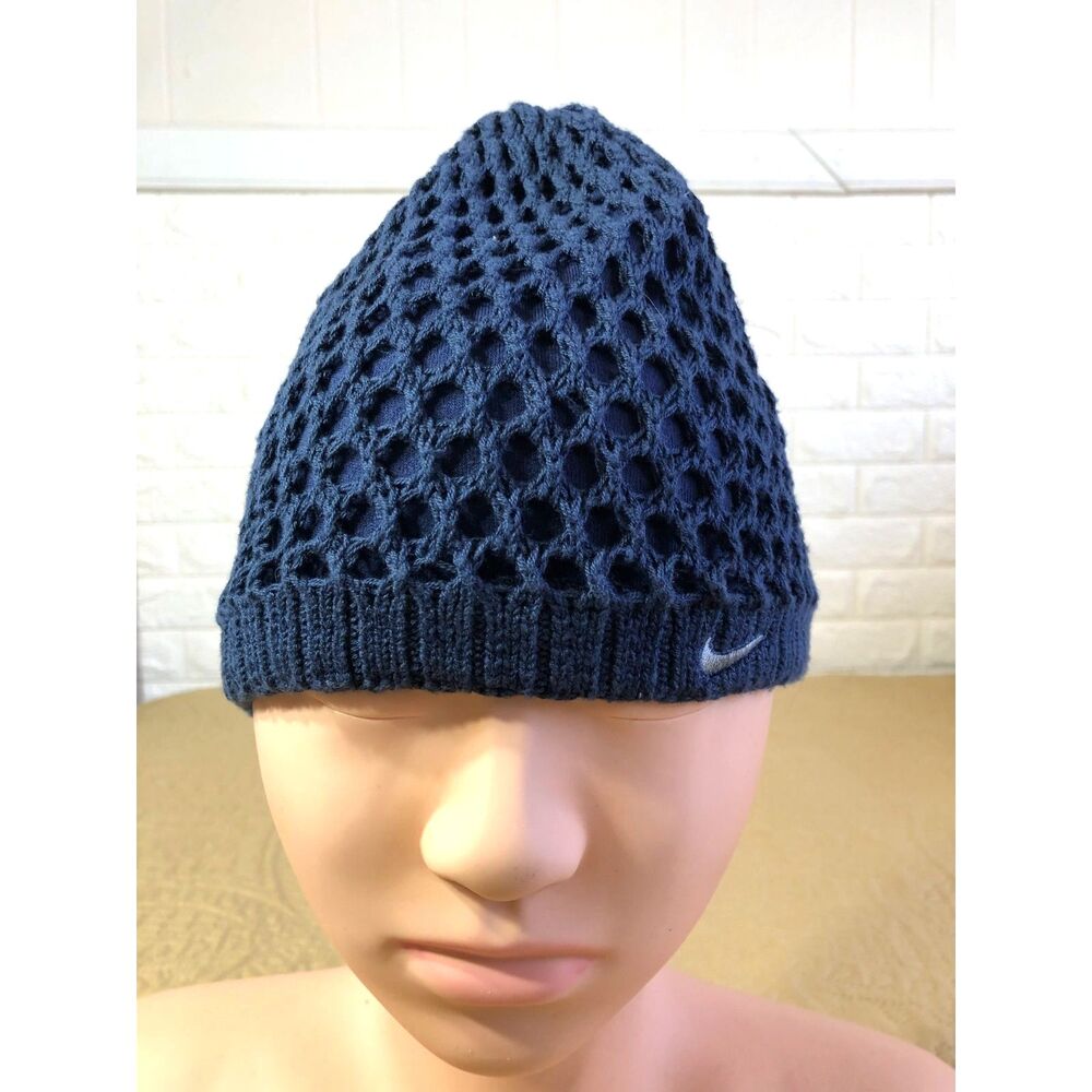Vtg Y2K Nike Crochet Mesh Beanie Hat Open Knit Nevada Wolf Pack Blue Skully Cap